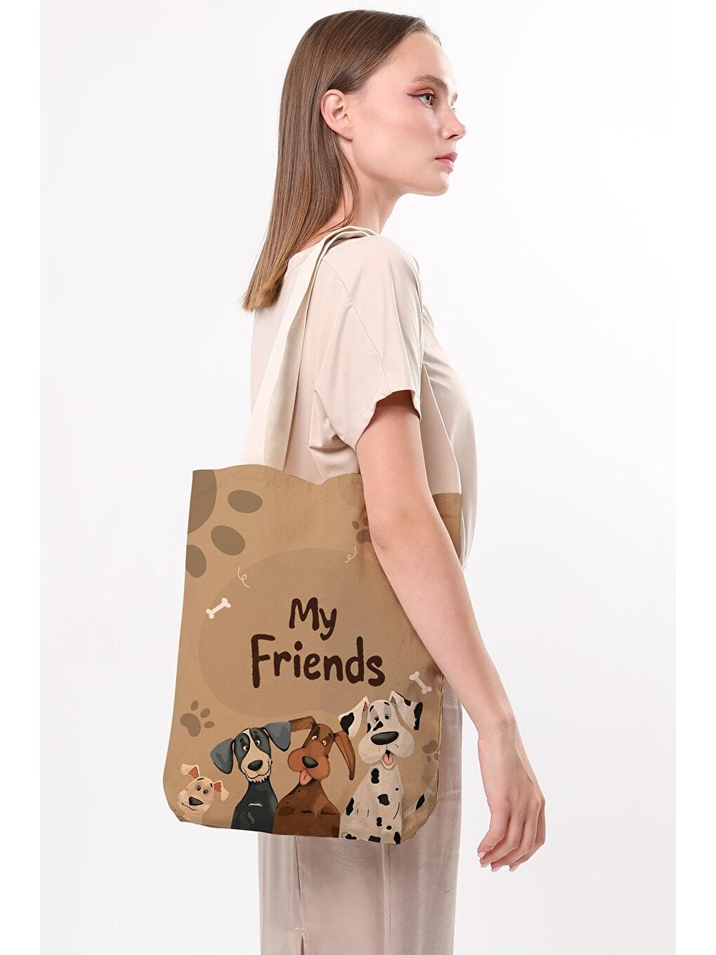 Ekru Kanvas Arkadaş Köpekler Baskılı Bez Çanta-1