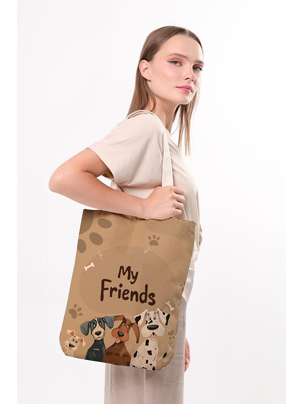 Ekru Kanvas Arkadaş Köpekler Baskılı Bez Çanta-2