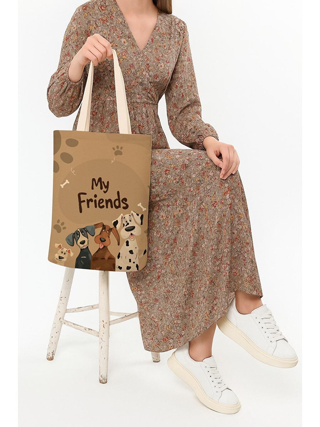 Ekru Kanvas Arkadaş Köpekler Baskılı Bez Çanta-3