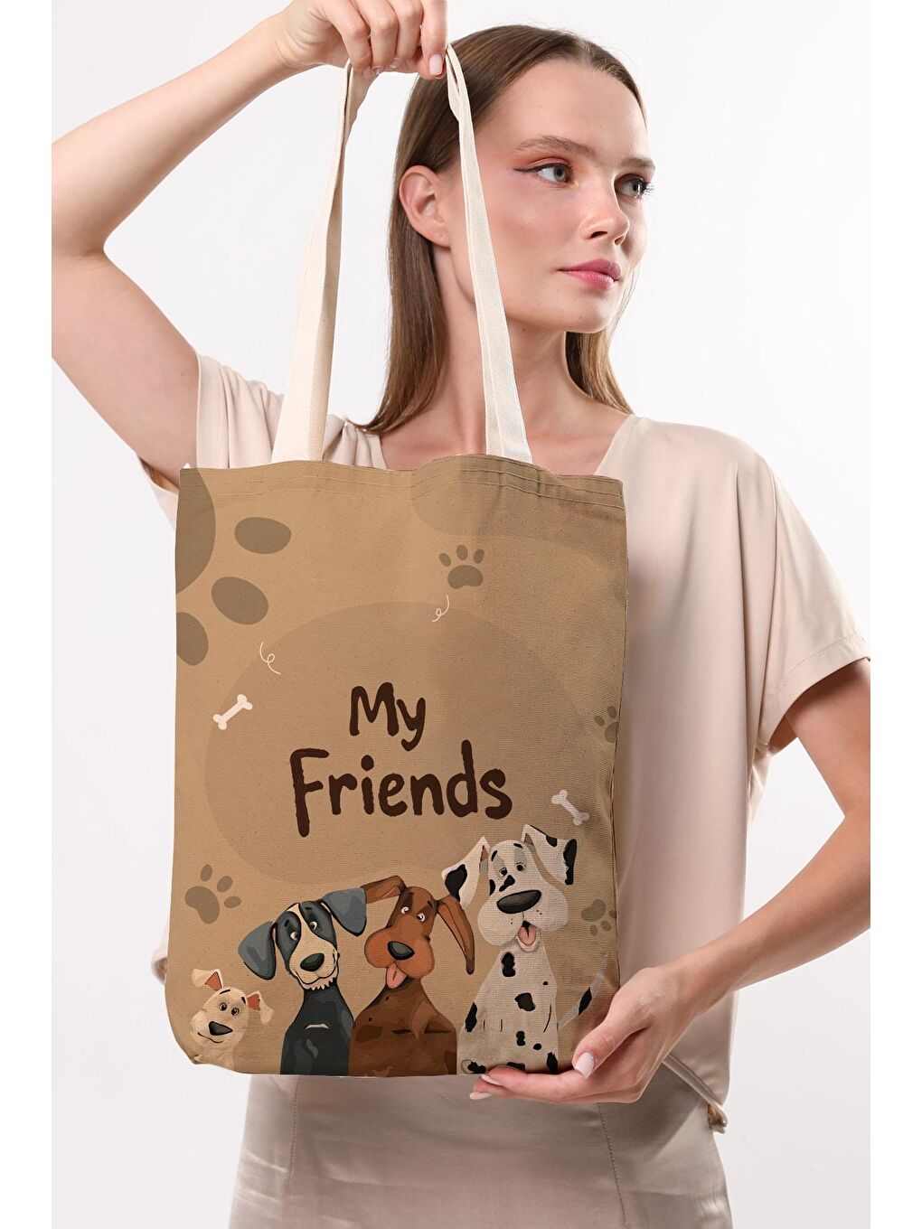 Ekru Kanvas Arkadaş Köpekler Baskılı Bez Çanta-4