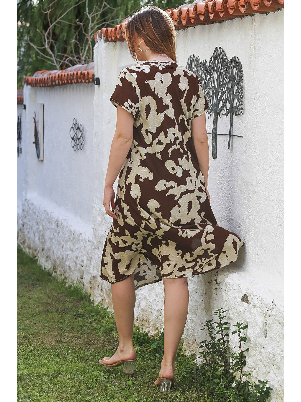 Kahverengi Kahve-Bej V Yaka Düşük Kol Allover Baskılı Casual Viskon Dokuma Elbise 115 66-5