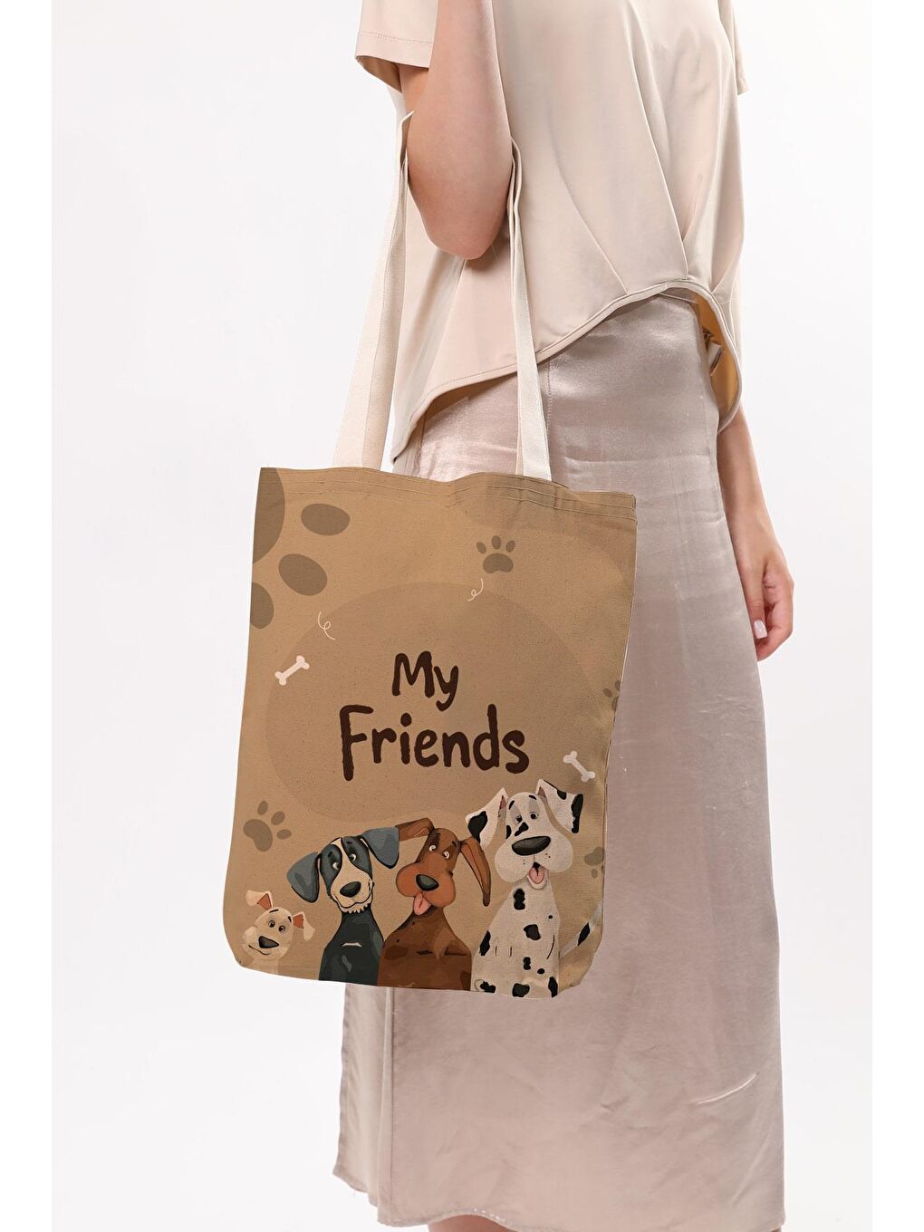 Ekru Kanvas Arkadaş Köpekler Baskılı Bez Çanta-5