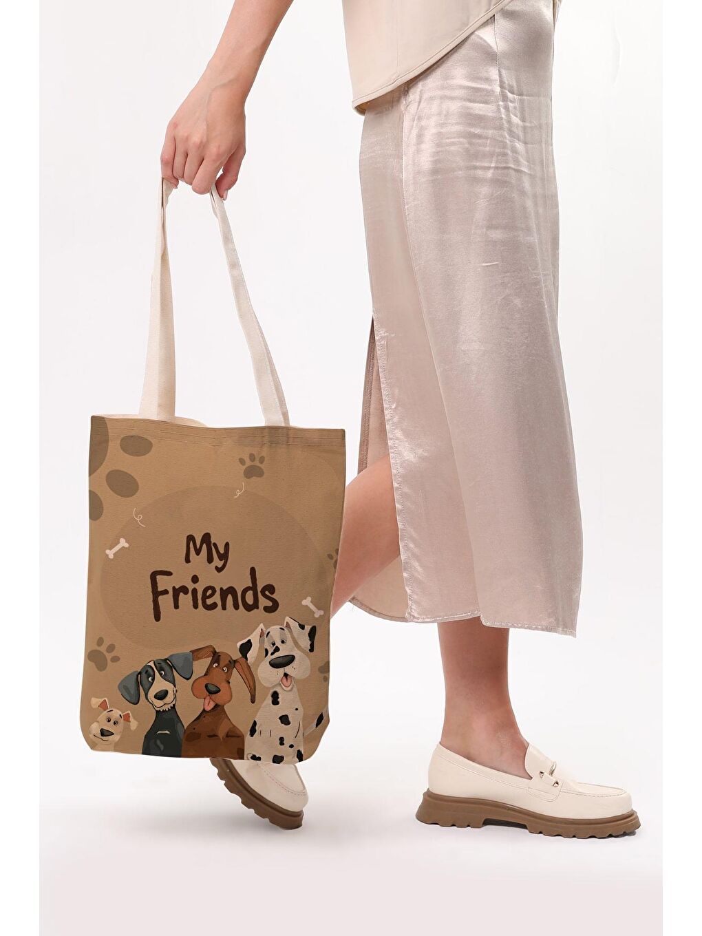 Ekru Kanvas Arkadaş Köpekler Baskılı Bez Çanta-6