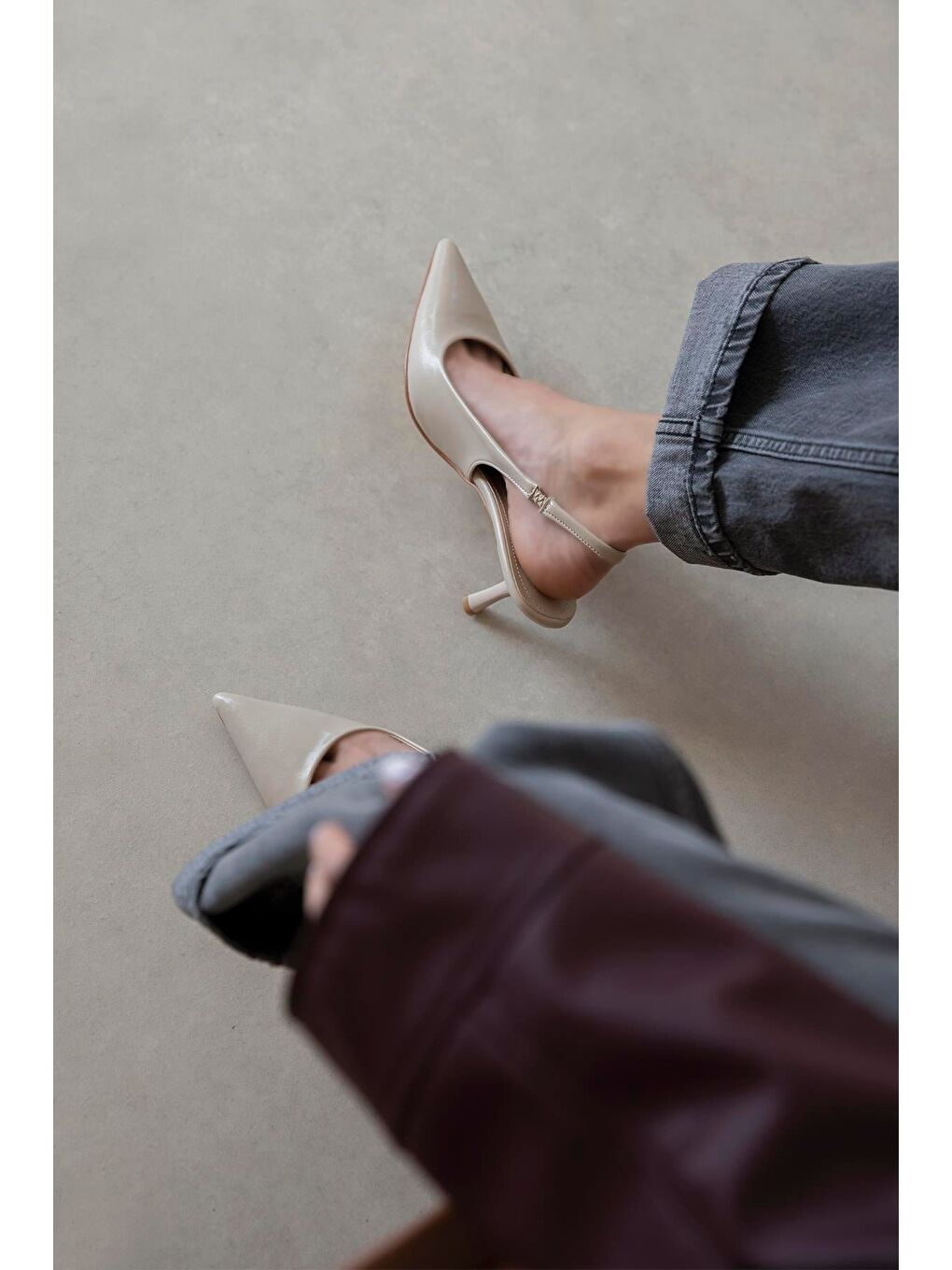 Raye Kadın Topuklu Kırışık Deri Ayakkabı Bej-1