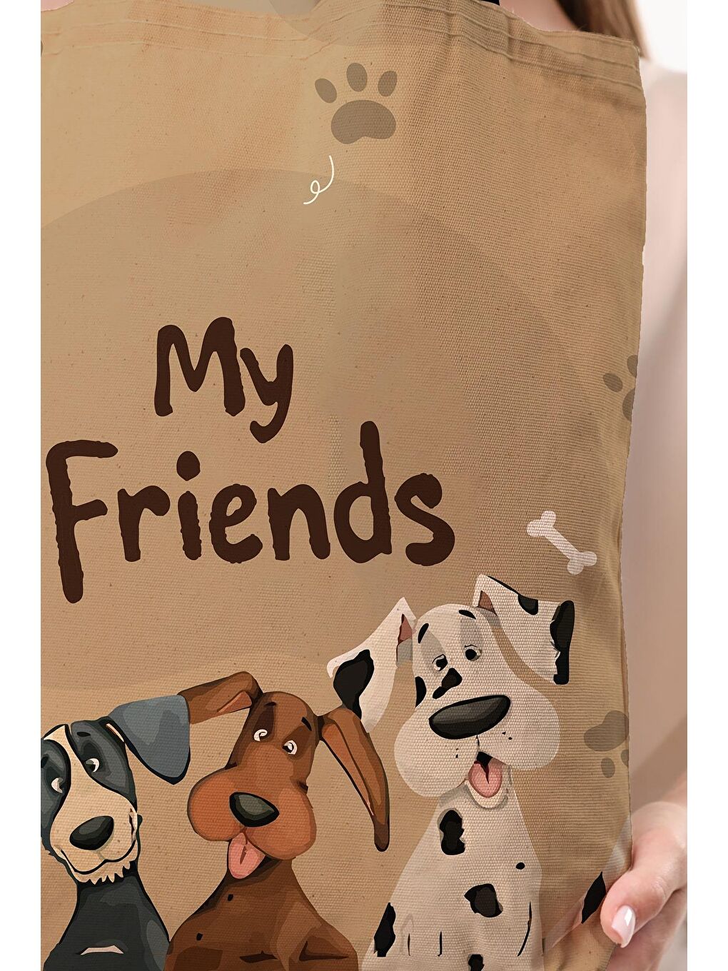Ekru Kanvas Arkadaş Köpekler Baskılı Bez Çanta-7