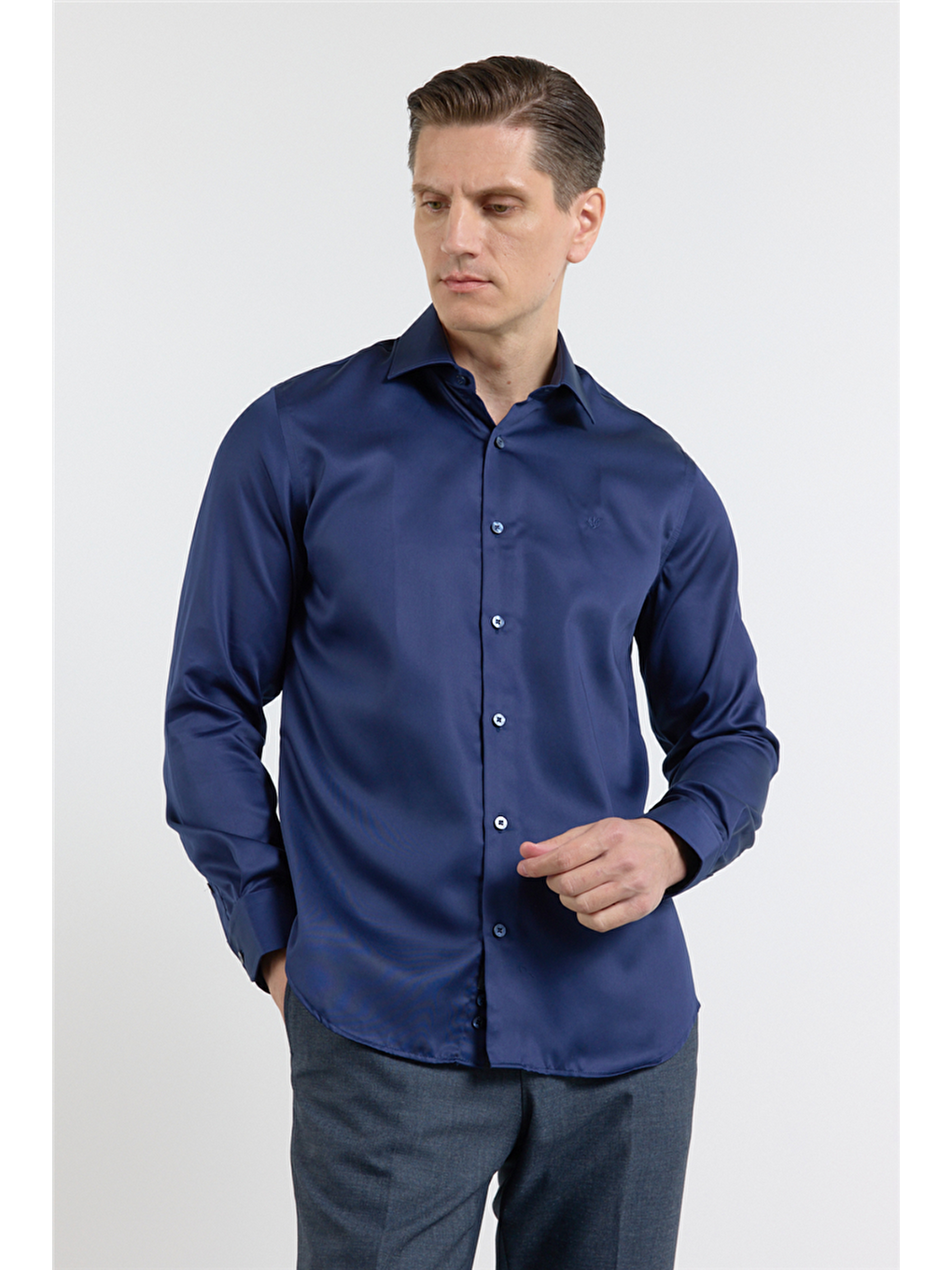 Lacivert Saten İtalyan Yaka Uzun Kol Cepsiz Slim Fit %100 Pamuk Gömlek 1004255231-2