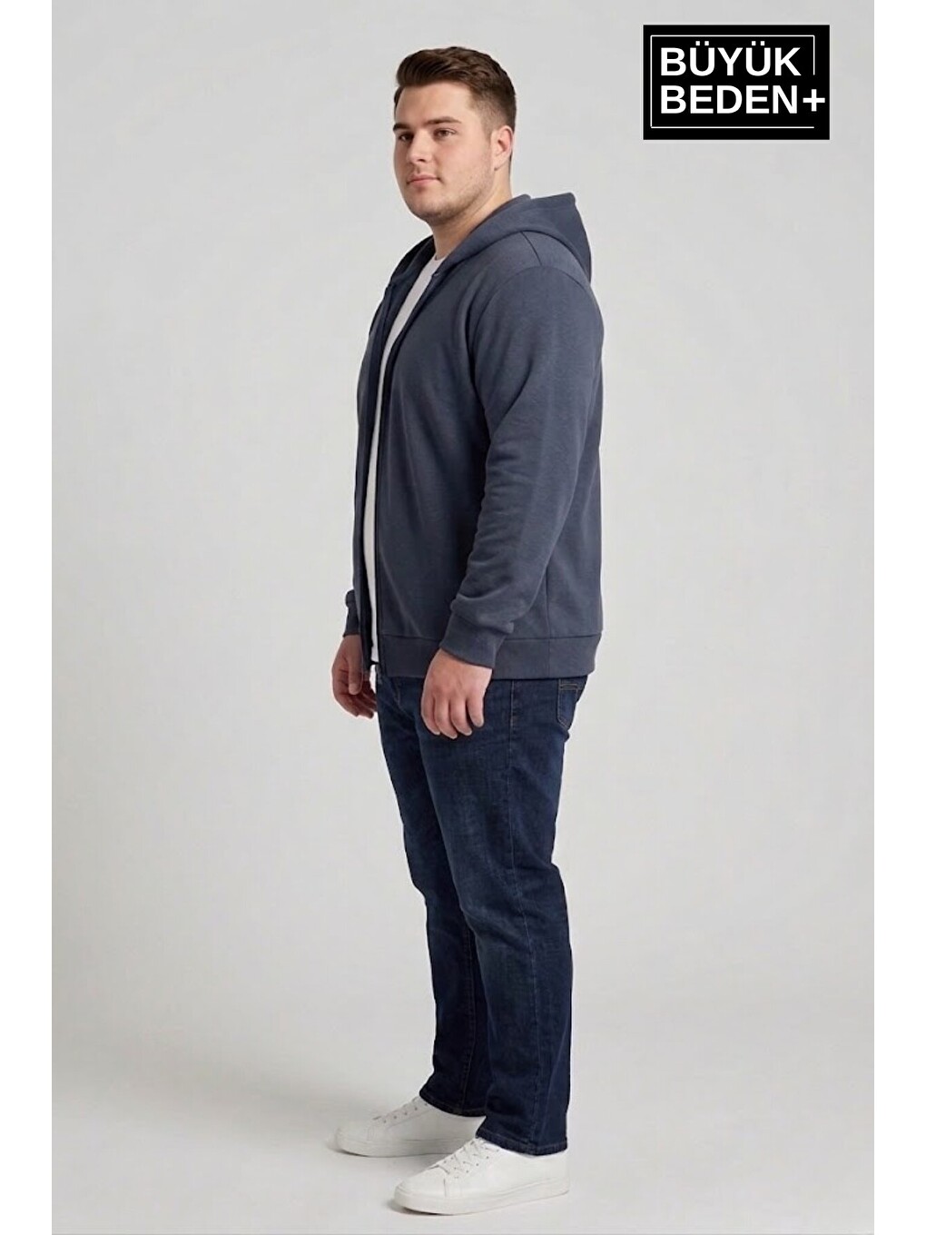 İndigo Erkek Büyük Beden Fermuarlı Kapüşonlu İnce Sweatshirt Hırka - Rahat Kalıp Spr26bhr960-1