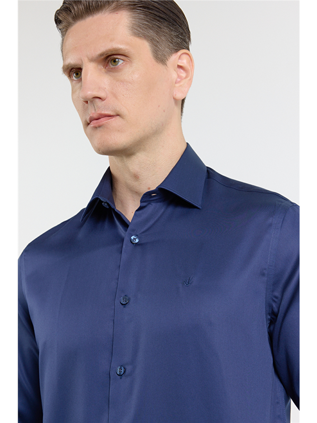Lacivert Saten İtalyan Yaka Uzun Kol Cepsiz Slim Fit %100 Pamuk Gömlek 1004255231-3