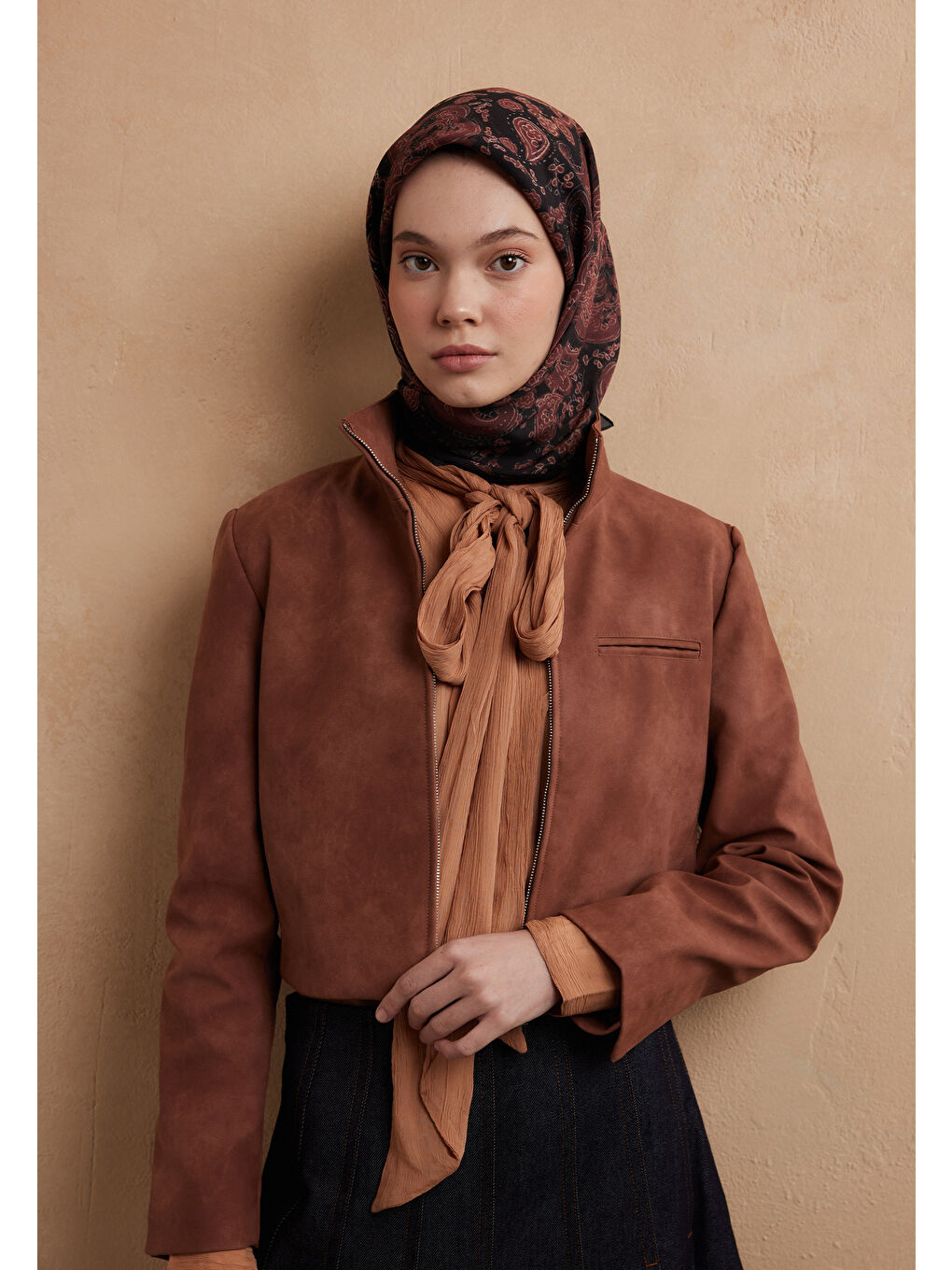 Kahverengi Freda Desen Pamuk İpek Eşarp Kızıl Kiremit-3