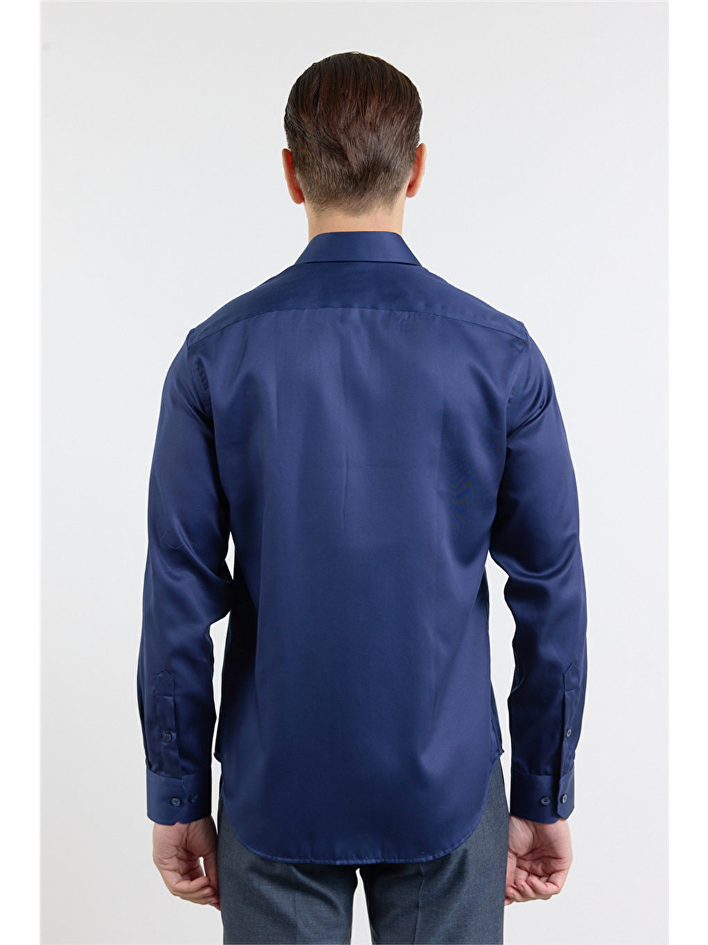 Lacivert Saten İtalyan Yaka Uzun Kol Cepsiz Slim Fit %100 Pamuk Gömlek 1004255231-4