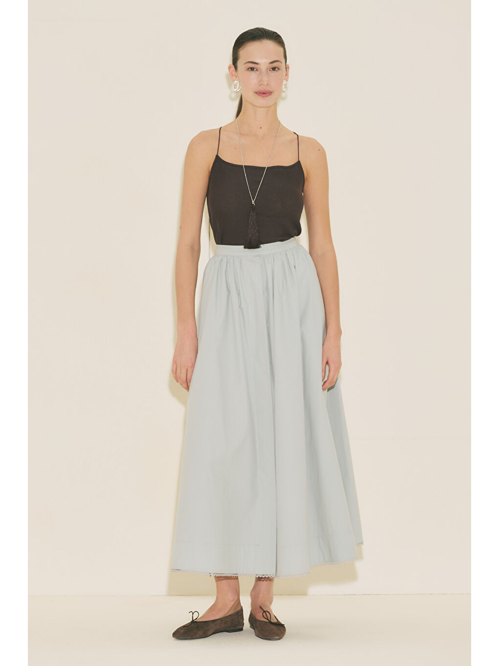 Önü Düğmeli Poplin Etek Mavi-4