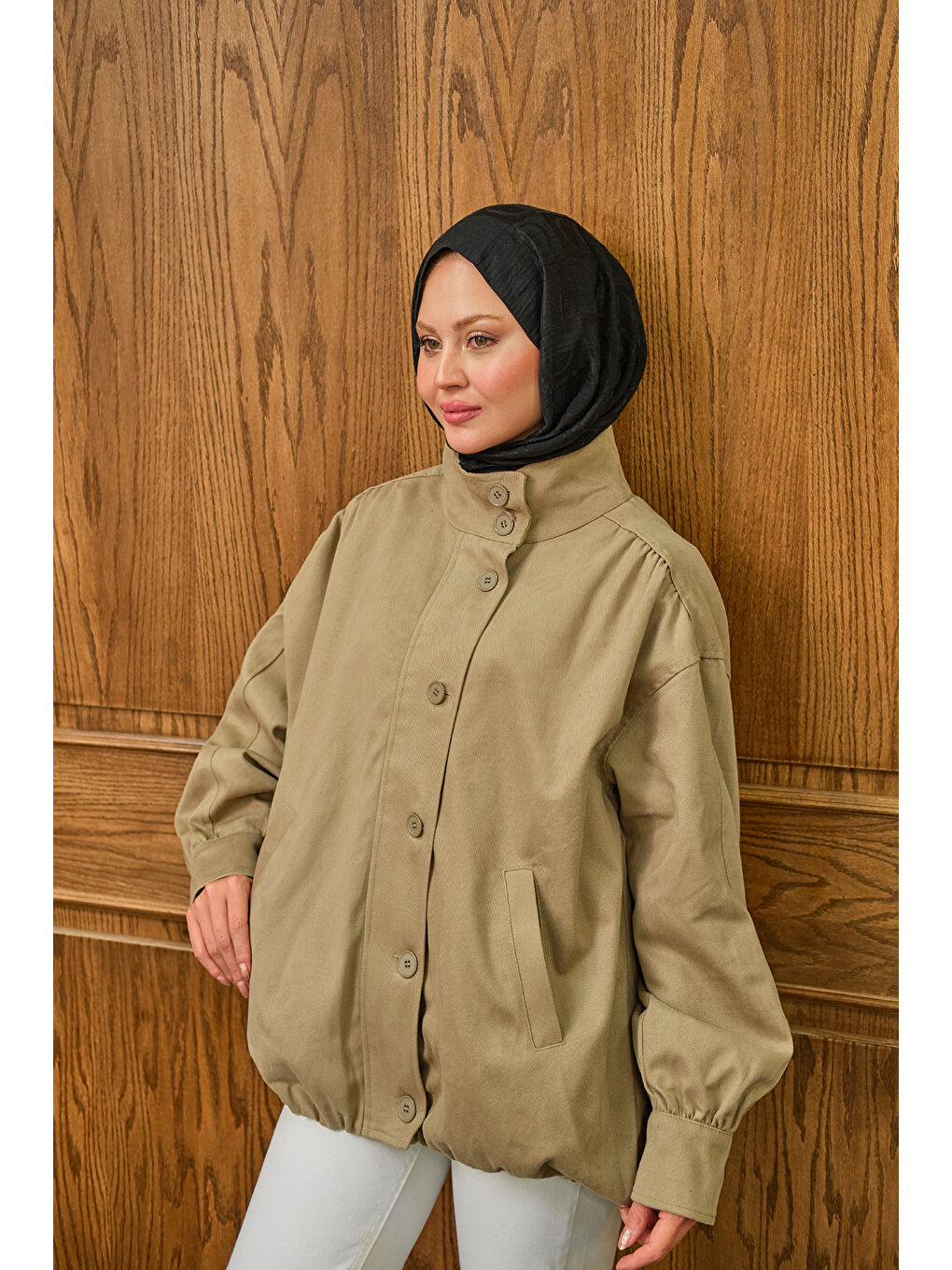 Bej Kadın Düğme Detaylı Ceket Vizon