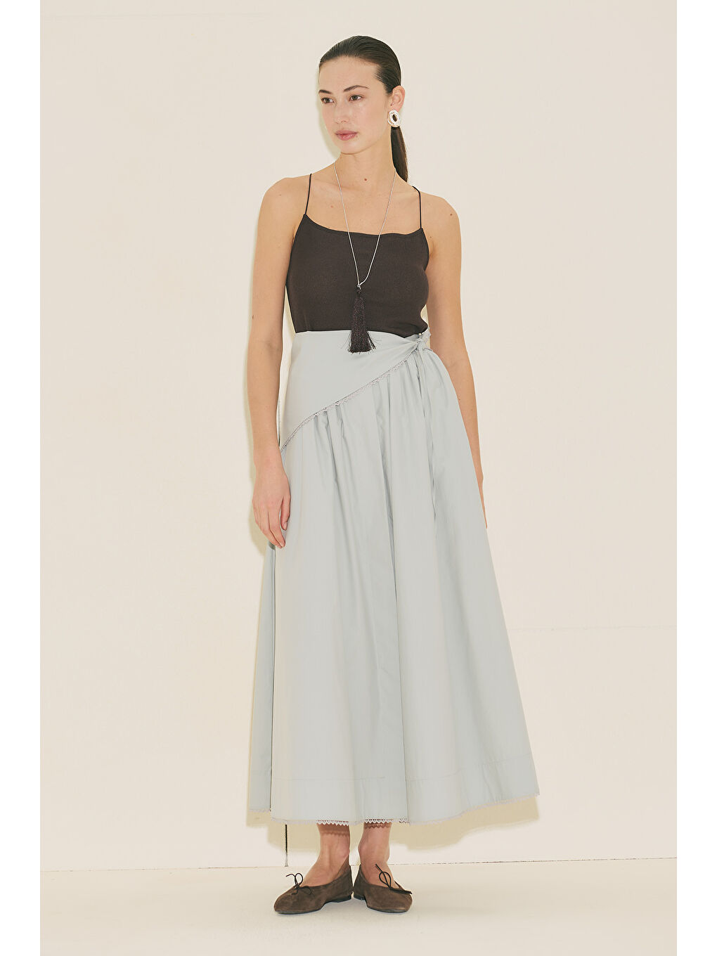 Önü Düğmeli Poplin Etek Mavi-7