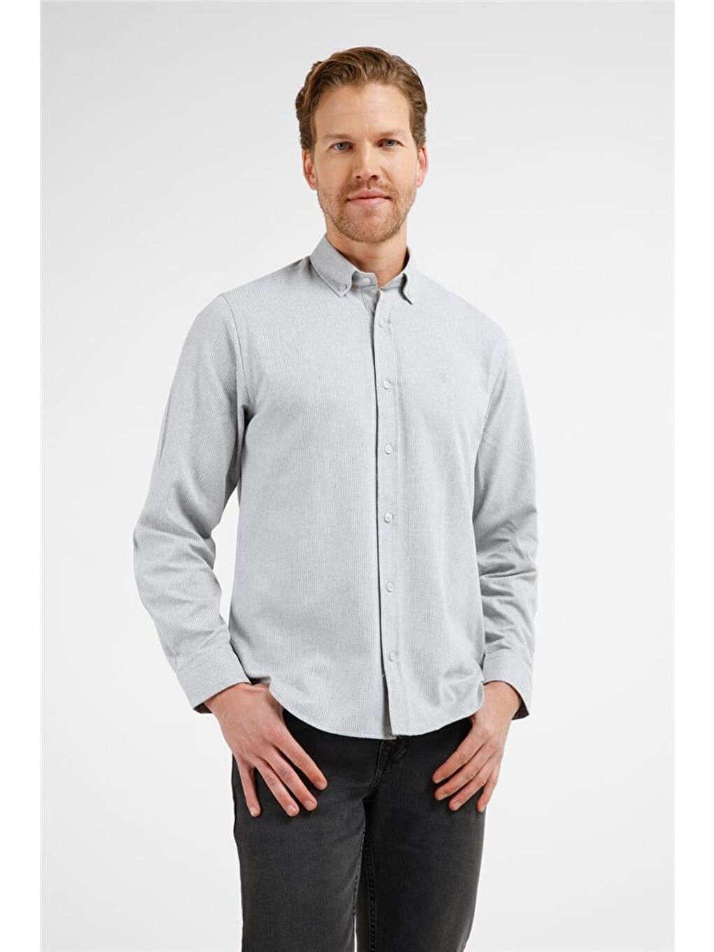 Gri - Beyaz Düğmeli Yaka Uzun Kol Cepsiz Slim Fit Pamuklu Gömlek 1004255233