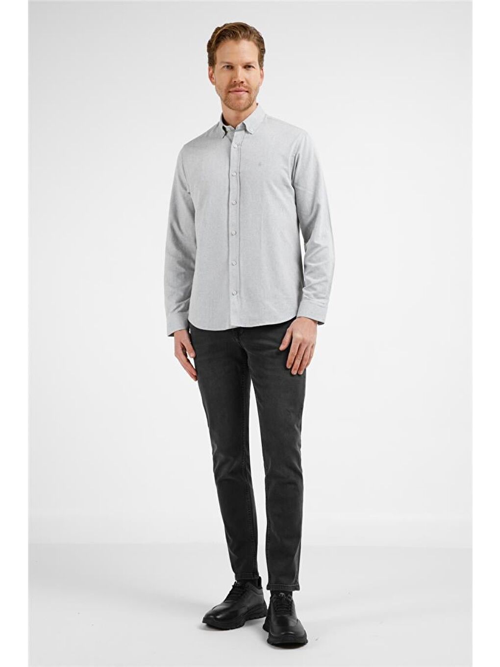 Gri - Beyaz Düğmeli Yaka Uzun Kol Cepsiz Slim Fit Pamuklu Gömlek 1004255233-1