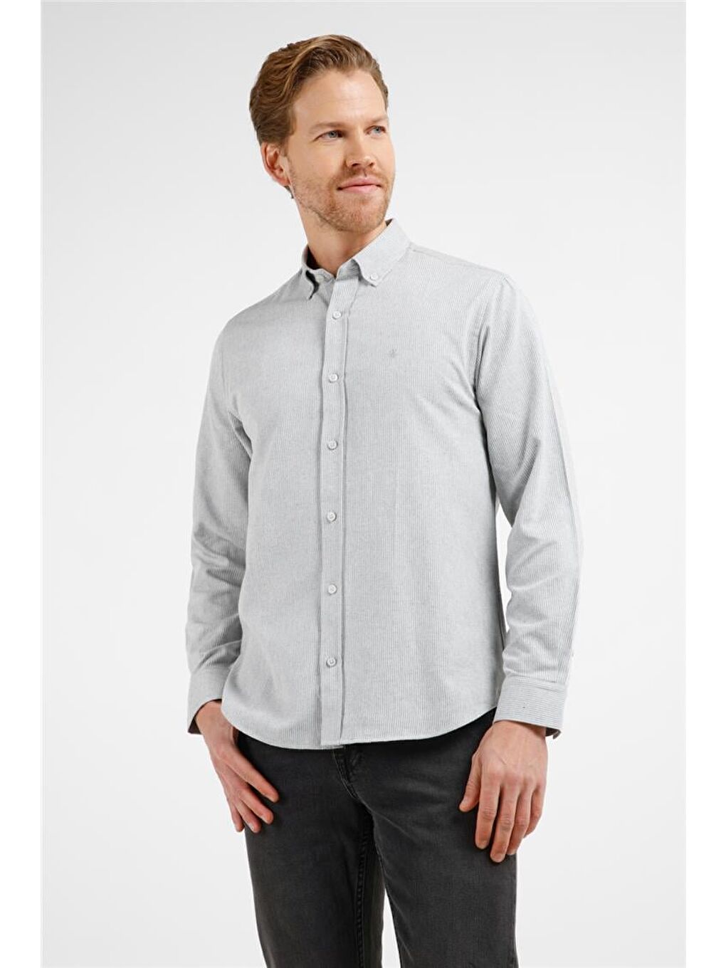 Gri - Beyaz Düğmeli Yaka Uzun Kol Cepsiz Slim Fit Pamuklu Gömlek 1004255233-2