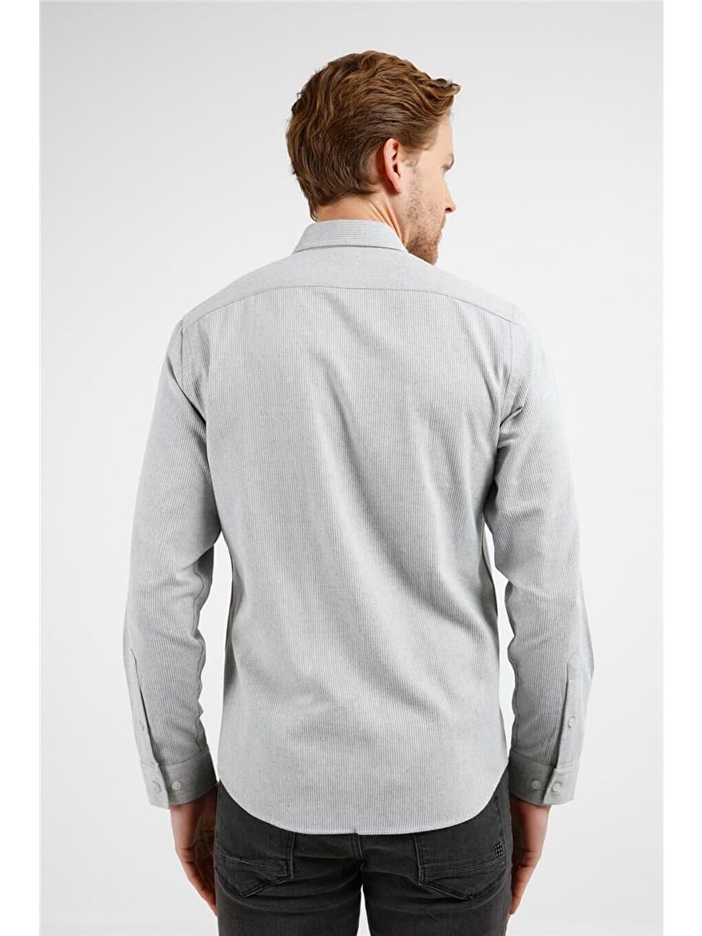 Gri - Beyaz Düğmeli Yaka Uzun Kol Cepsiz Slim Fit Pamuklu Gömlek 1004255233-3