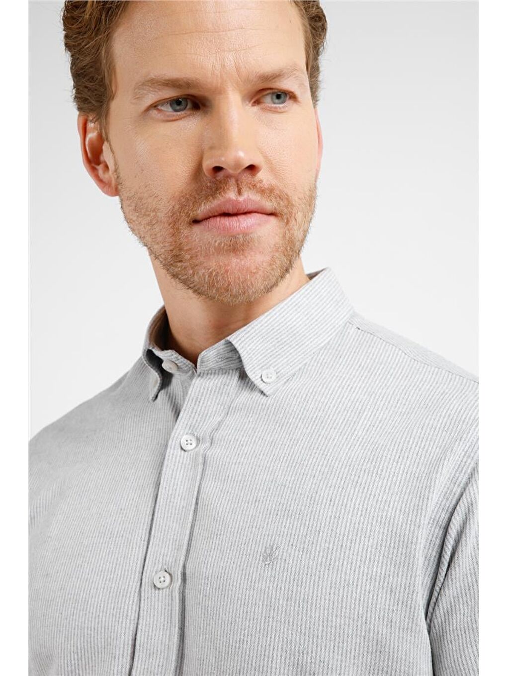 Gri - Beyaz Düğmeli Yaka Uzun Kol Cepsiz Slim Fit Pamuklu Gömlek 1004255233-4