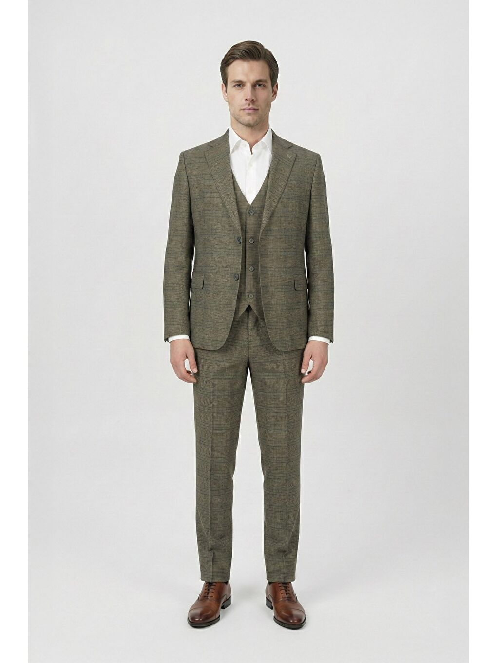 Kahverengi Giotelli Kahve Slim Fit Ekose Desenli Mono Yaka Takım Elbise-1