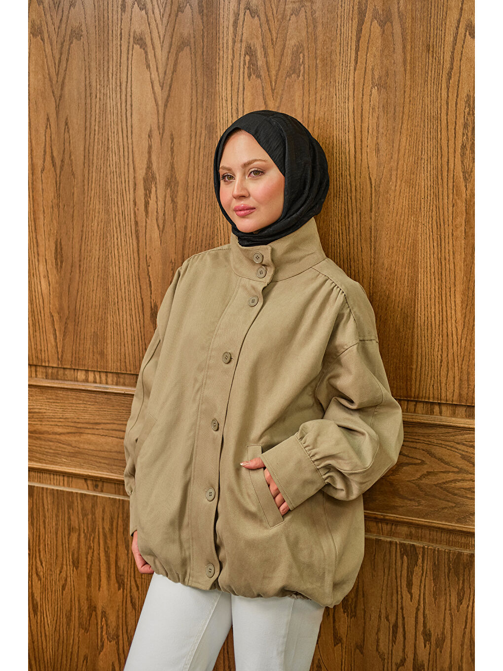 Bej Kadın Düğme Detaylı Ceket Vizon-1