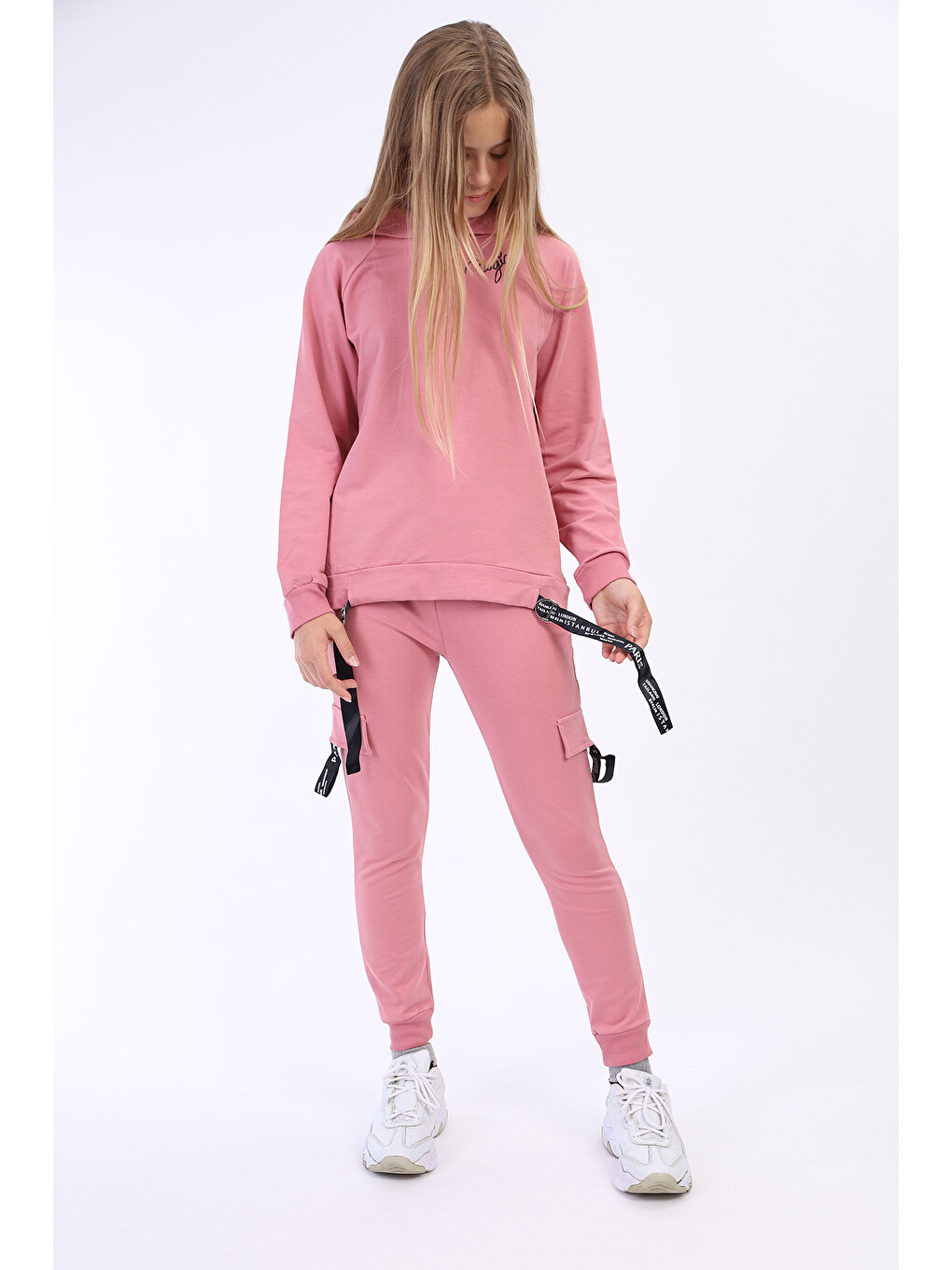 Pembe Kız Çocuk Reglan Kol Şerit Detaylı Baskılı Takım-2