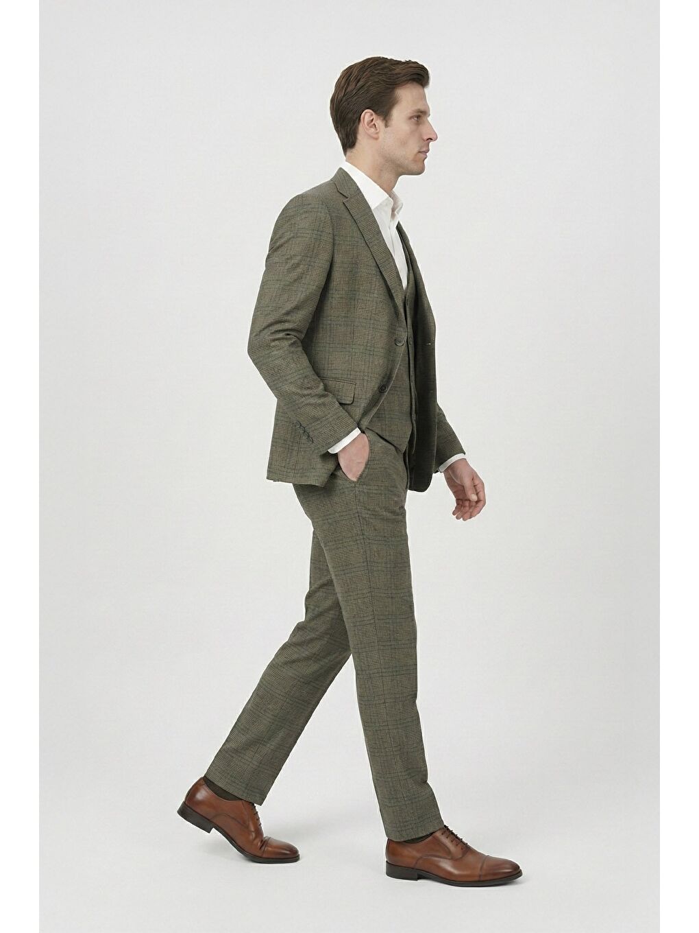 Kahverengi Giotelli Kahve Slim Fit Ekose Desenli Mono Yaka Takım Elbise-2