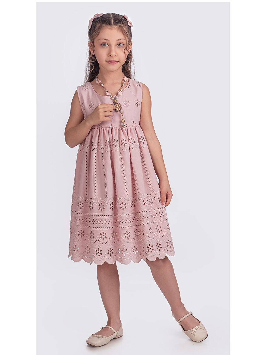 Pembe Kız Çocuk Kolsuz Gupürlü Kolyeli Elbise ELB.2643-1