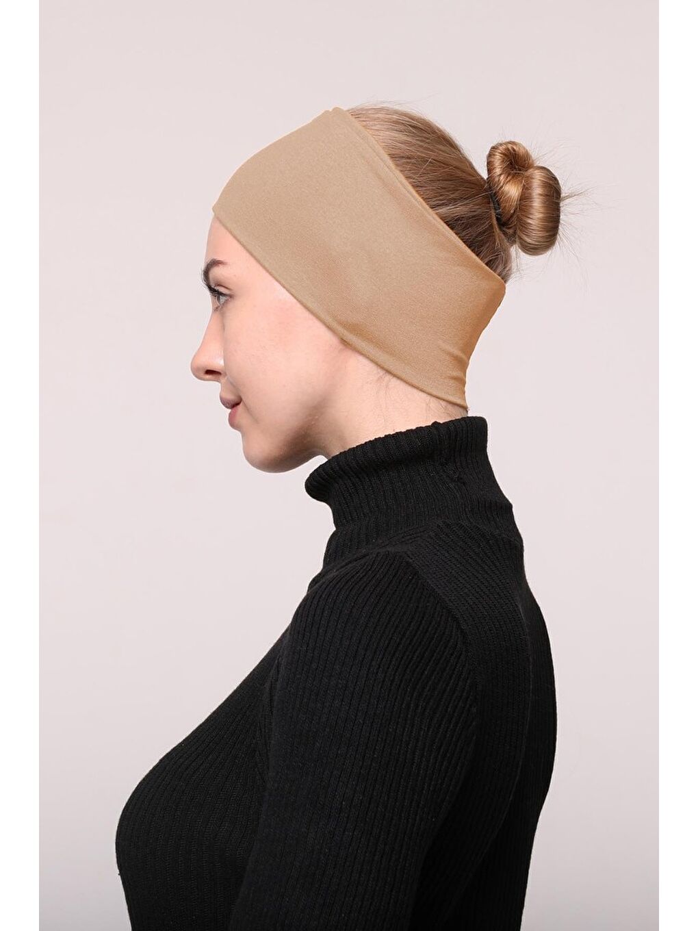 Bej Kadın Penye Dikişsiz Tesettür Bandana Bone Spor Saç Bandı-2