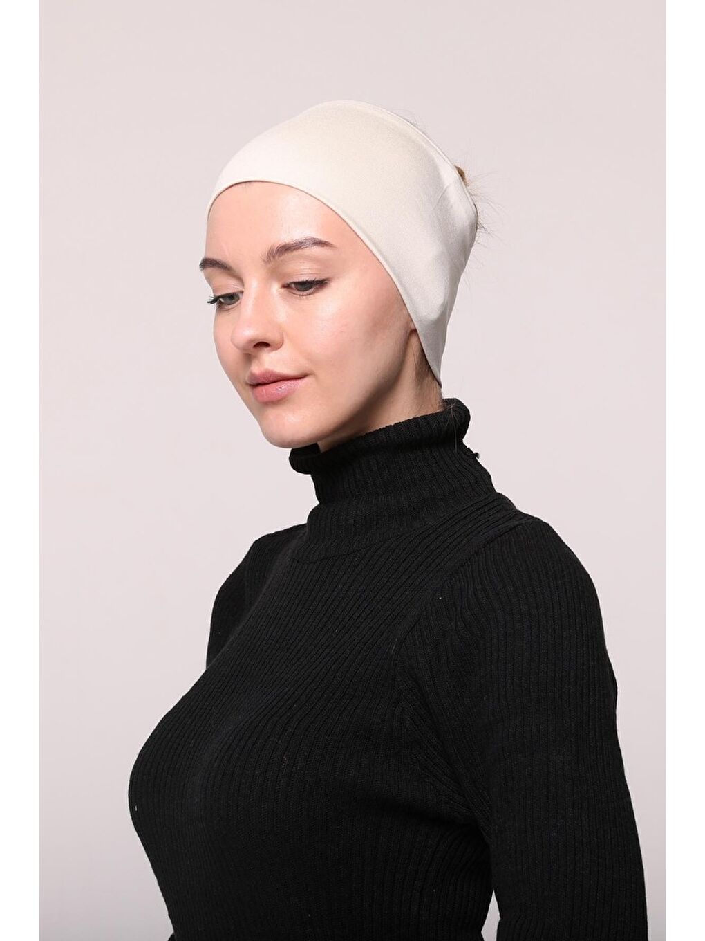 Altobeh Ekru Kadın Penye Dikişsiz Tesettür Bandana Bone Spor Saç Bandı - 3