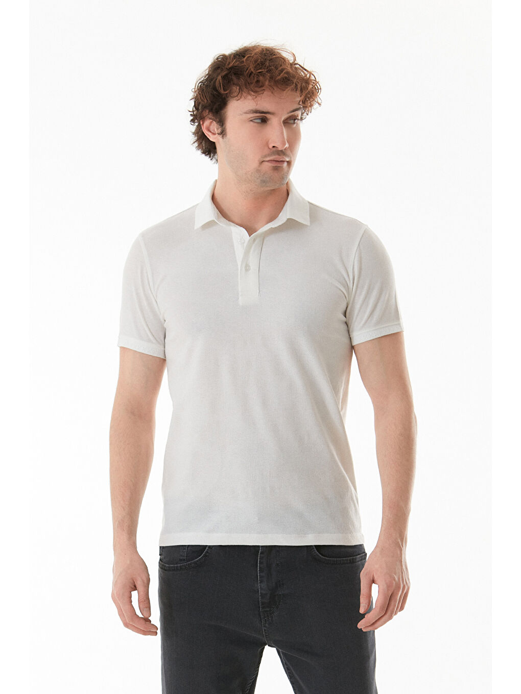 Beyaz Basic Polo Yaka Slim Fit Tişört-1