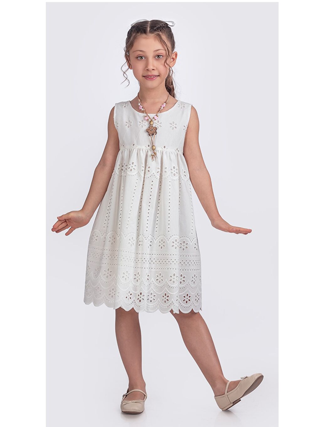 Beyaz Kız Çocuk Kolsuz Gupürlü Kolyeli Elbise ELB.2643-1