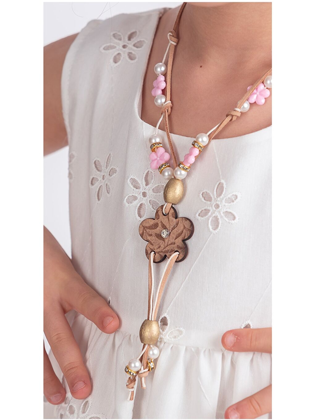 Beyaz Kız Çocuk Kolsuz Gupürlü Kolyeli Elbise ELB.2643-3