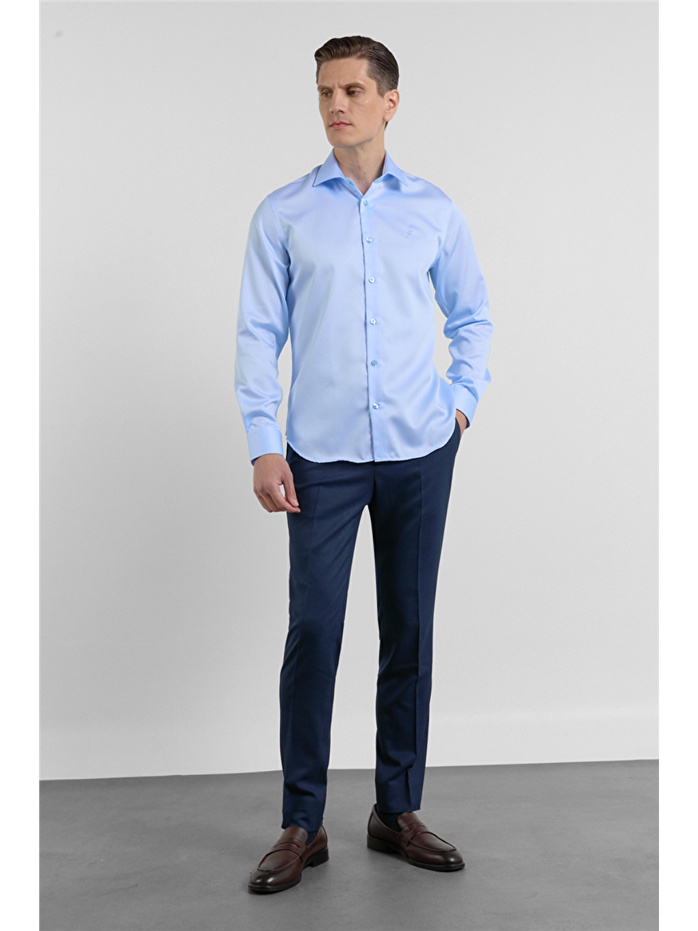 Mavi Saten İtalyan Yaka Uzun Kol Cepsiz Slim Fit %100 Pamuk Gömlek 1004255231-1