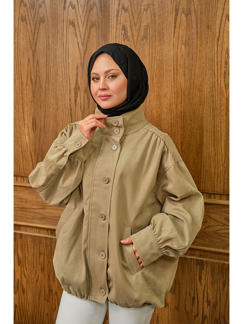 Bej Kadın Düğme Detaylı Ceket Vizon-3