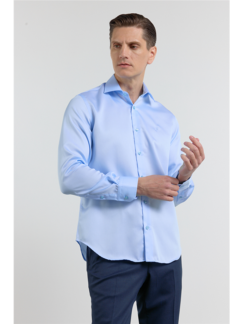 Mavi Saten İtalyan Yaka Uzun Kol Cepsiz Slim Fit %100 Pamuk Gömlek 1004255231-2