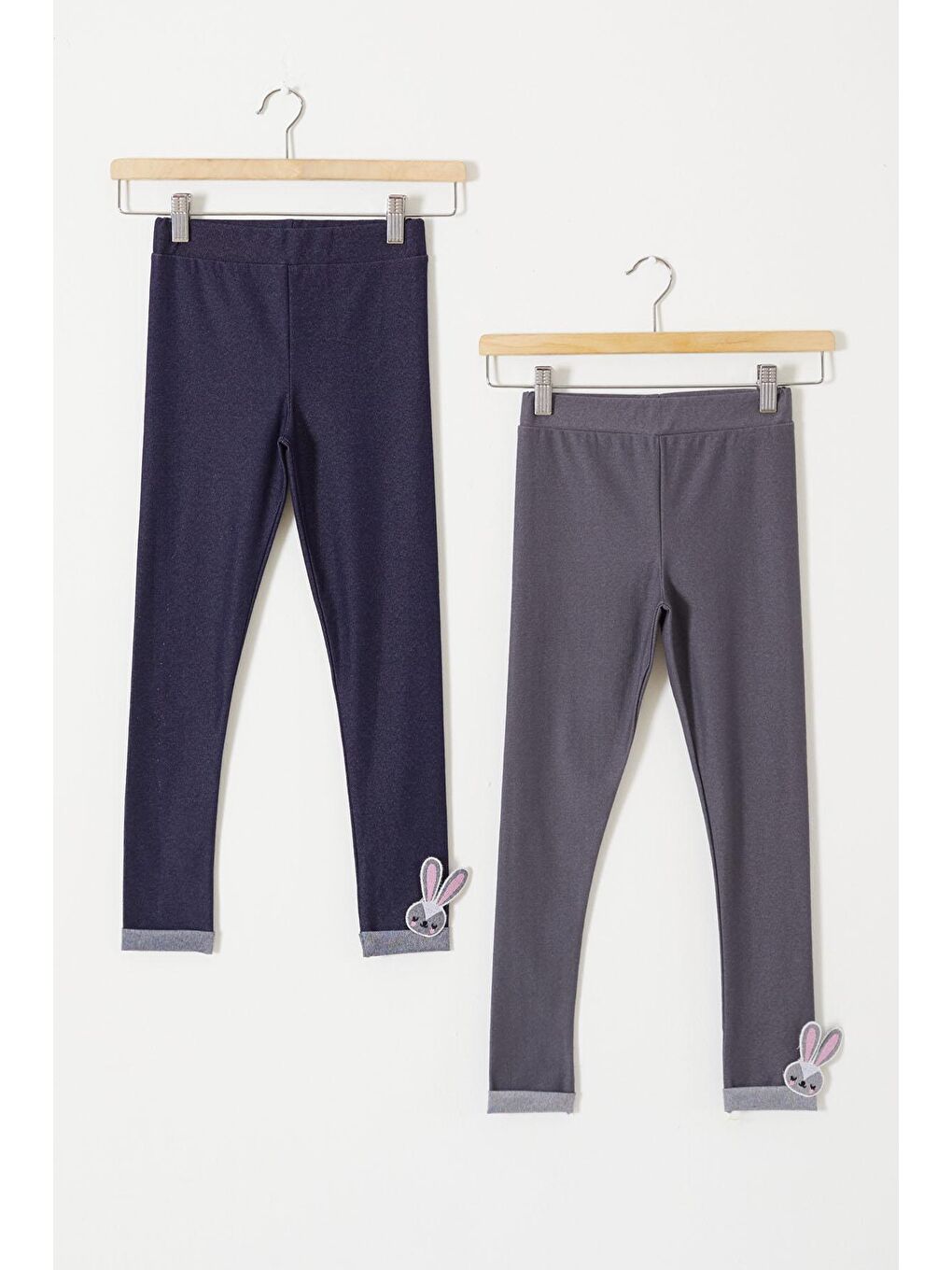 Renksiz Kız Çocuk Paçası Tavşan Detaylı 2'li Tayt Lacivert-Füme 18206