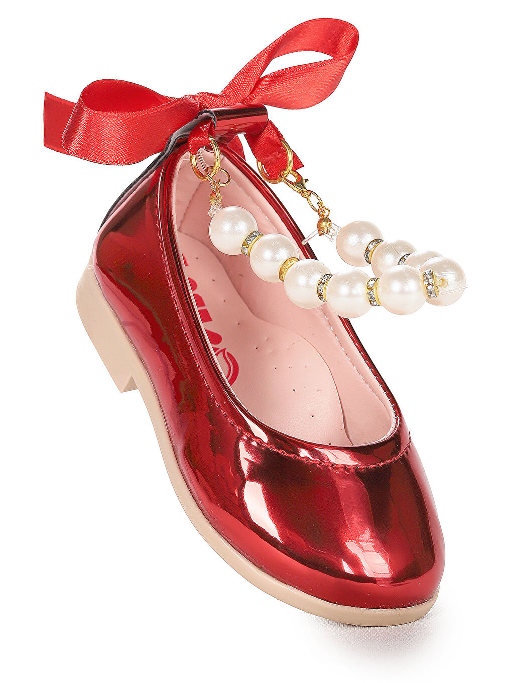 Kırmızı Blanch Ayna İncili Lastikli Kız Bebek Babet Ayakkabı