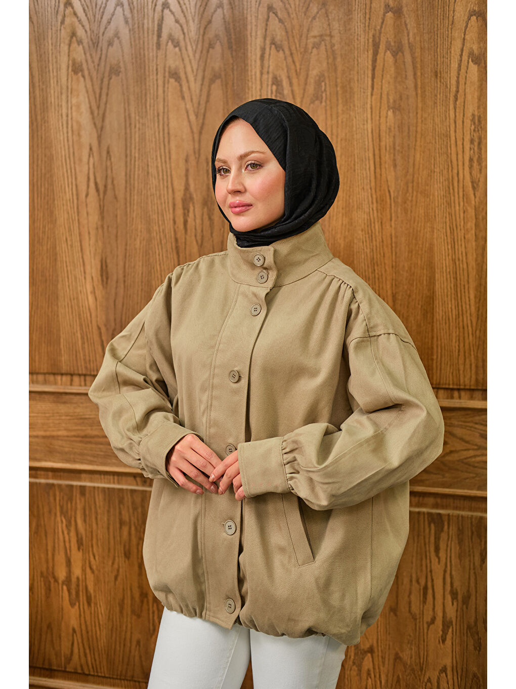 Bej Kadın Düğme Detaylı Ceket Vizon-4