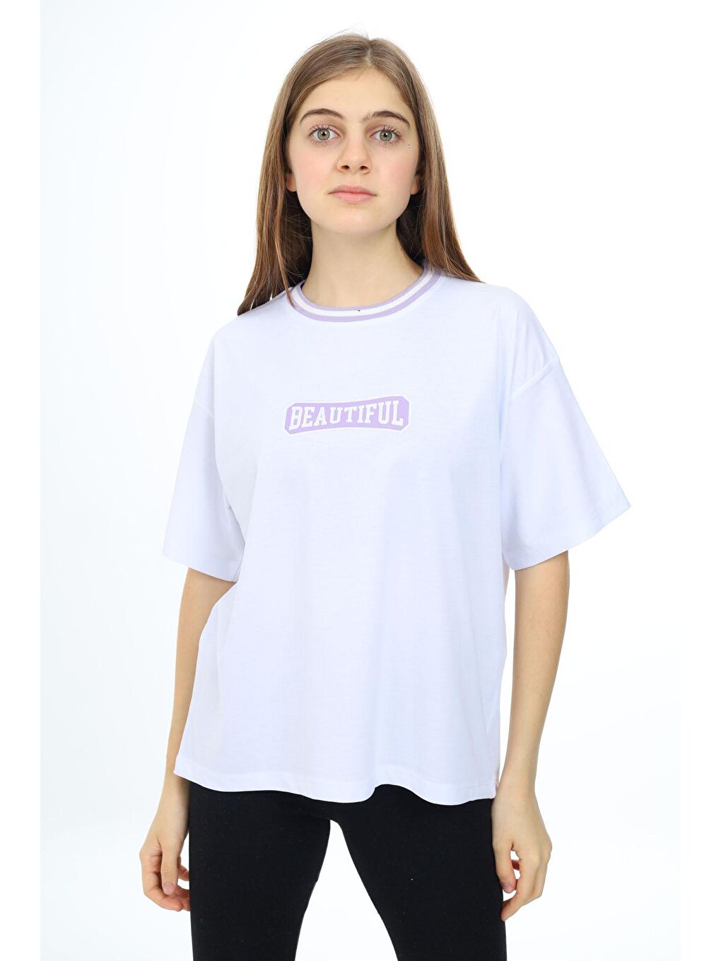 Beyaz Beautiful Yazılı Oversize Kız Tişört