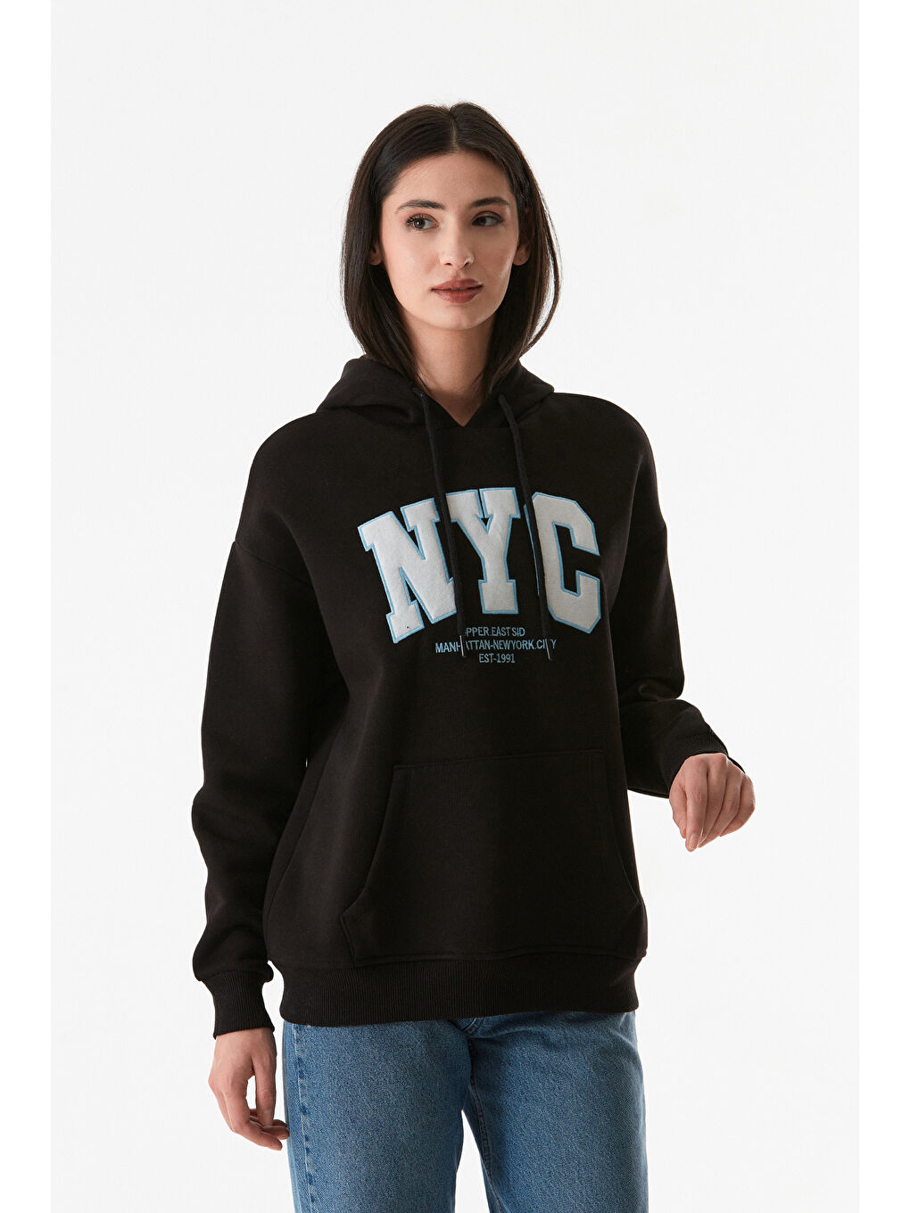 Fullamoda Siyah Nyc Baskılı Kanguru Cepli Kapüşonlu Sweatshirt