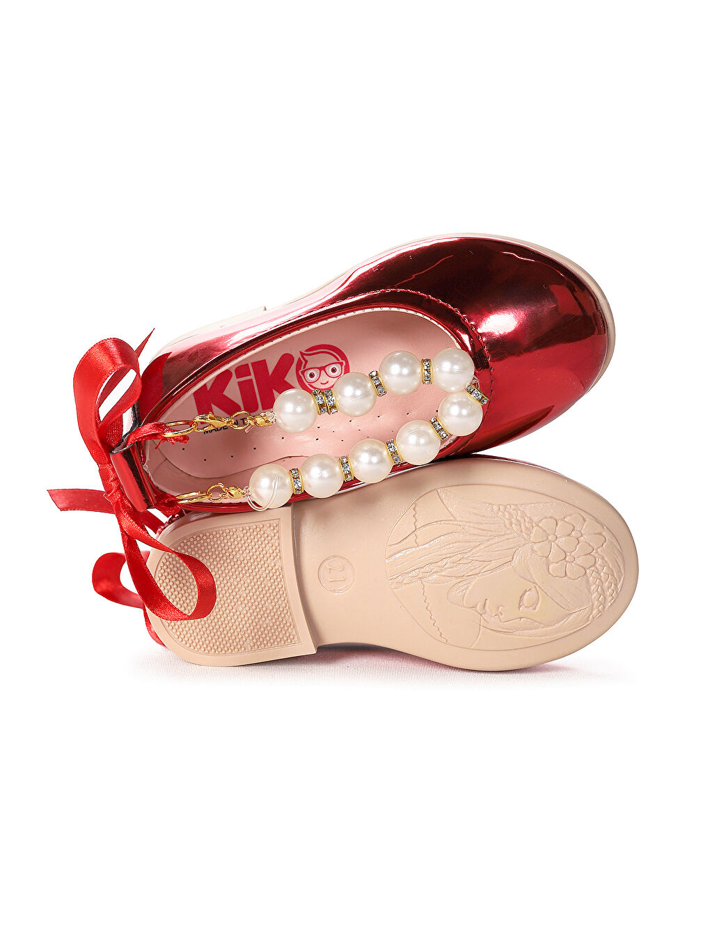 Kırmızı Blanch Ayna İncili Lastikli Kız Bebek Babet Ayakkabı-4