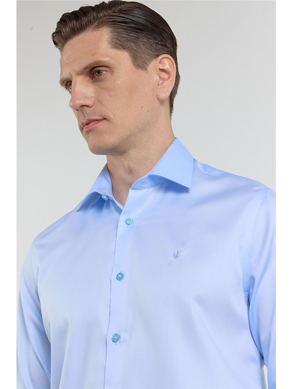 Mavi Saten İtalyan Yaka Uzun Kol Cepsiz Slim Fit %100 Pamuk Gömlek 1004255231-3