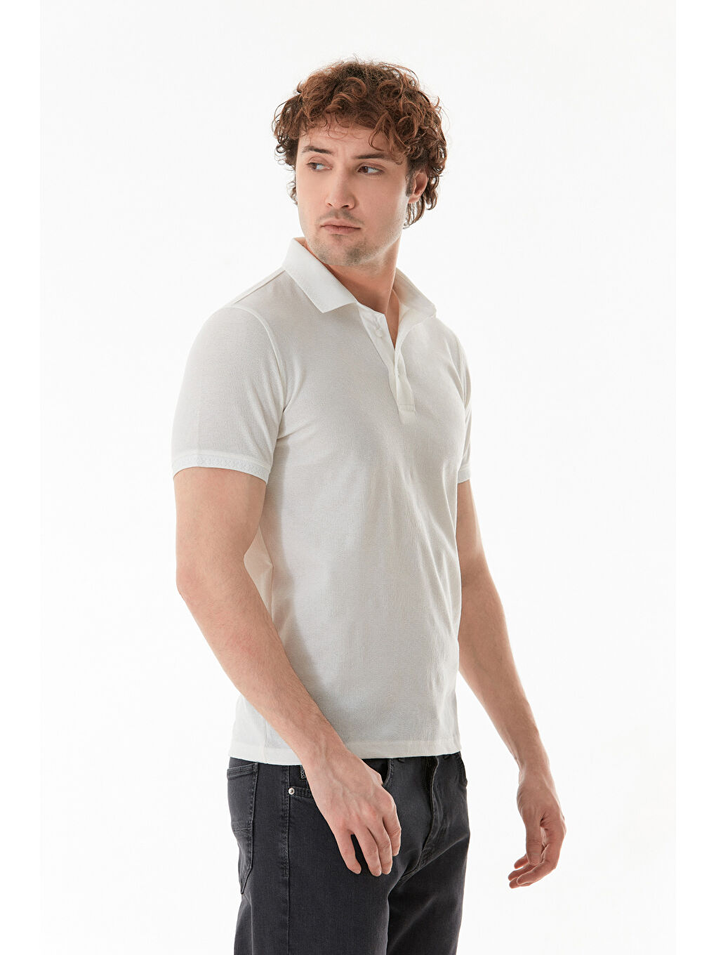Beyaz Basic Polo Yaka Slim Fit Tişört-3