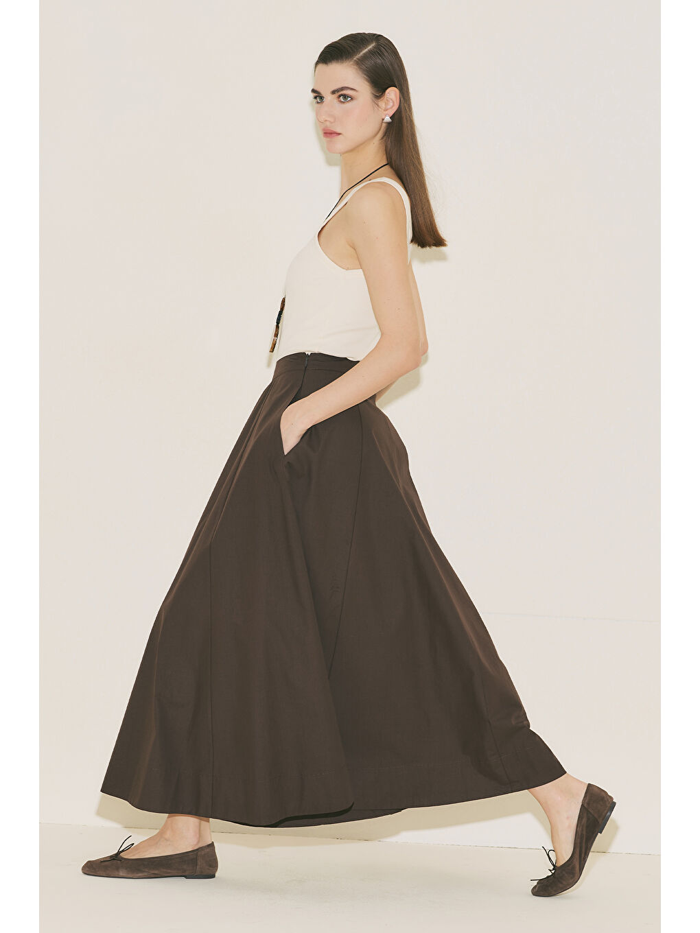 Kup Detaylı Kloş Etek Kahverengi-3