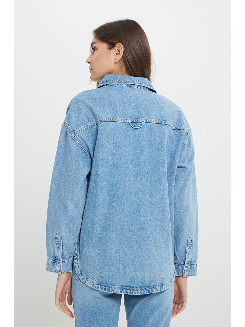 Yeşil Relaxed Fit Geniş Kesim %100 Pamuk İndigo Jean Denim Gömlek-5