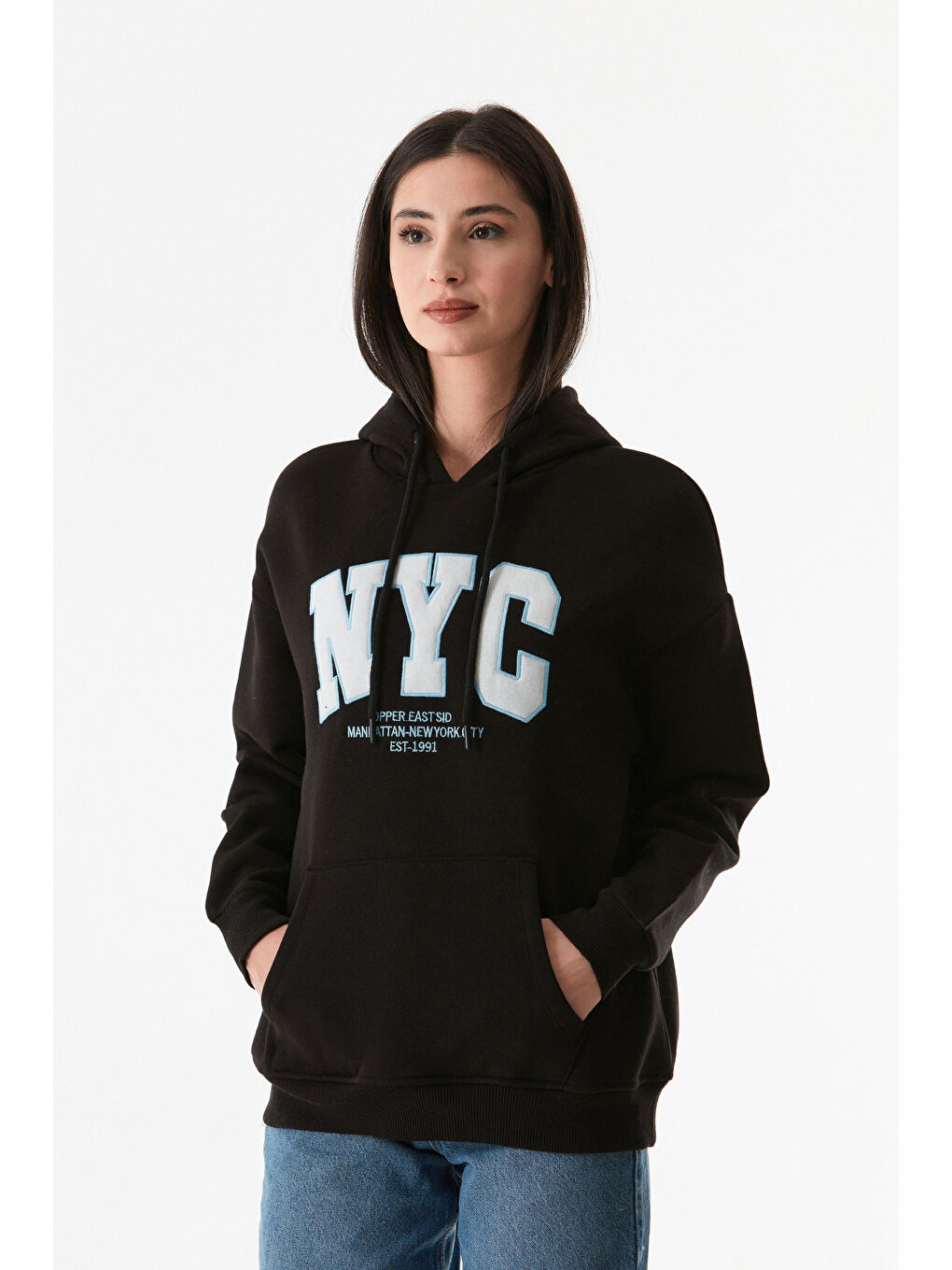 Fullamoda Siyah Nyc Baskılı Kanguru Cepli Kapüşonlu Sweatshirt - 2