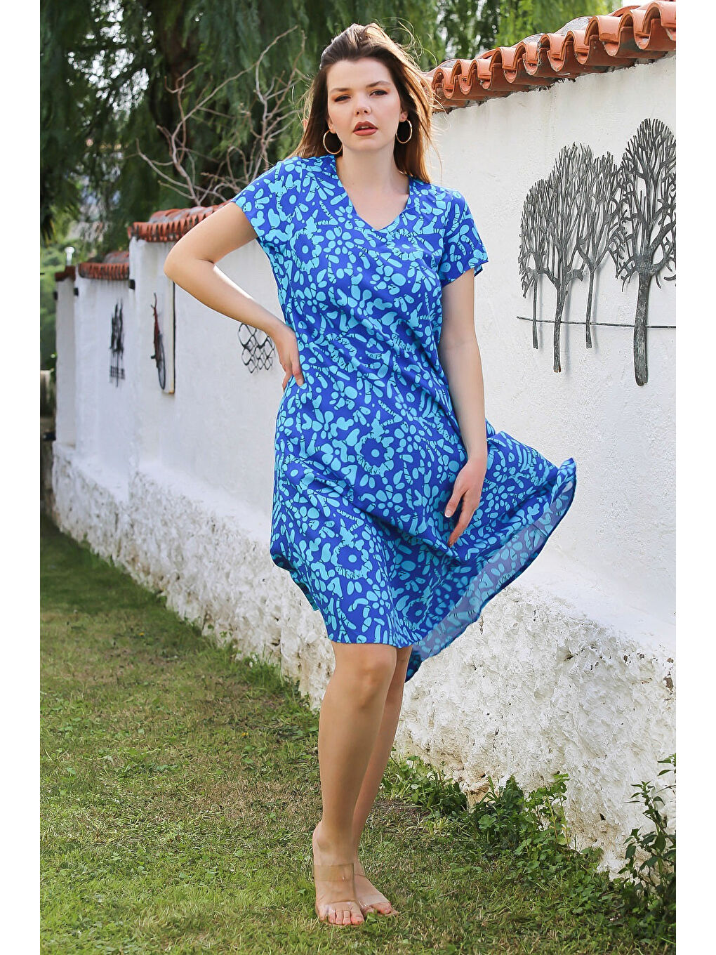 Turkuaz V Yaka Düşük Kol Allover Baskılı Casual Viskon Dokuma Elbise 115 66