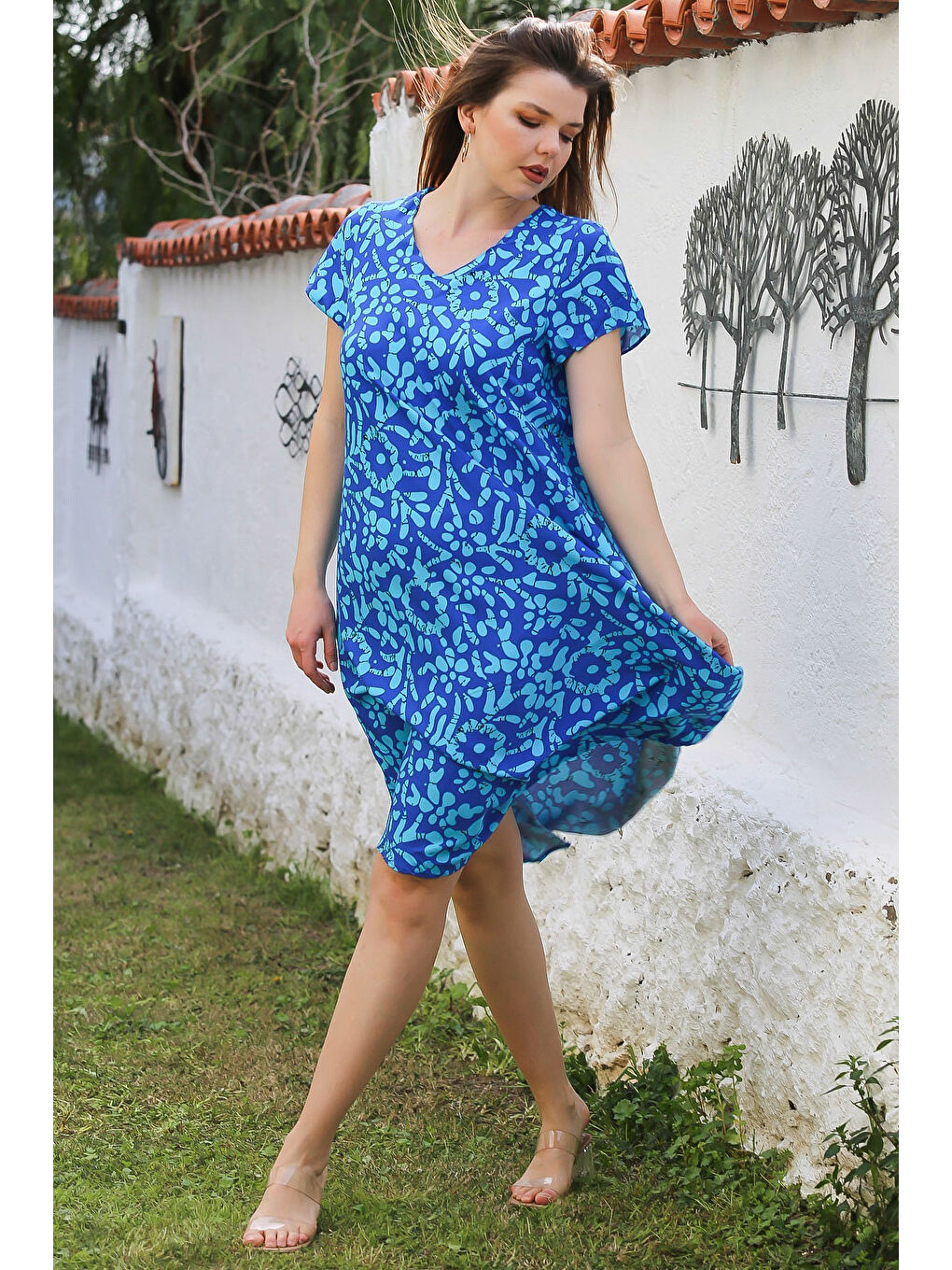 Turkuaz V Yaka Düşük Kol Allover Baskılı Casual Viskon Dokuma Elbise 115 66-1