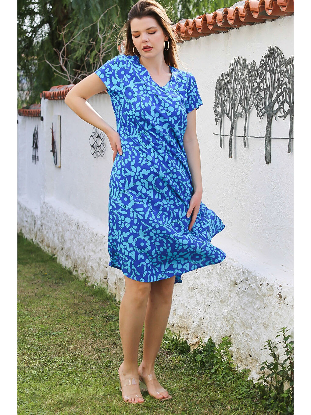Turkuaz V Yaka Düşük Kol Allover Baskılı Casual Viskon Dokuma Elbise 115 66-2