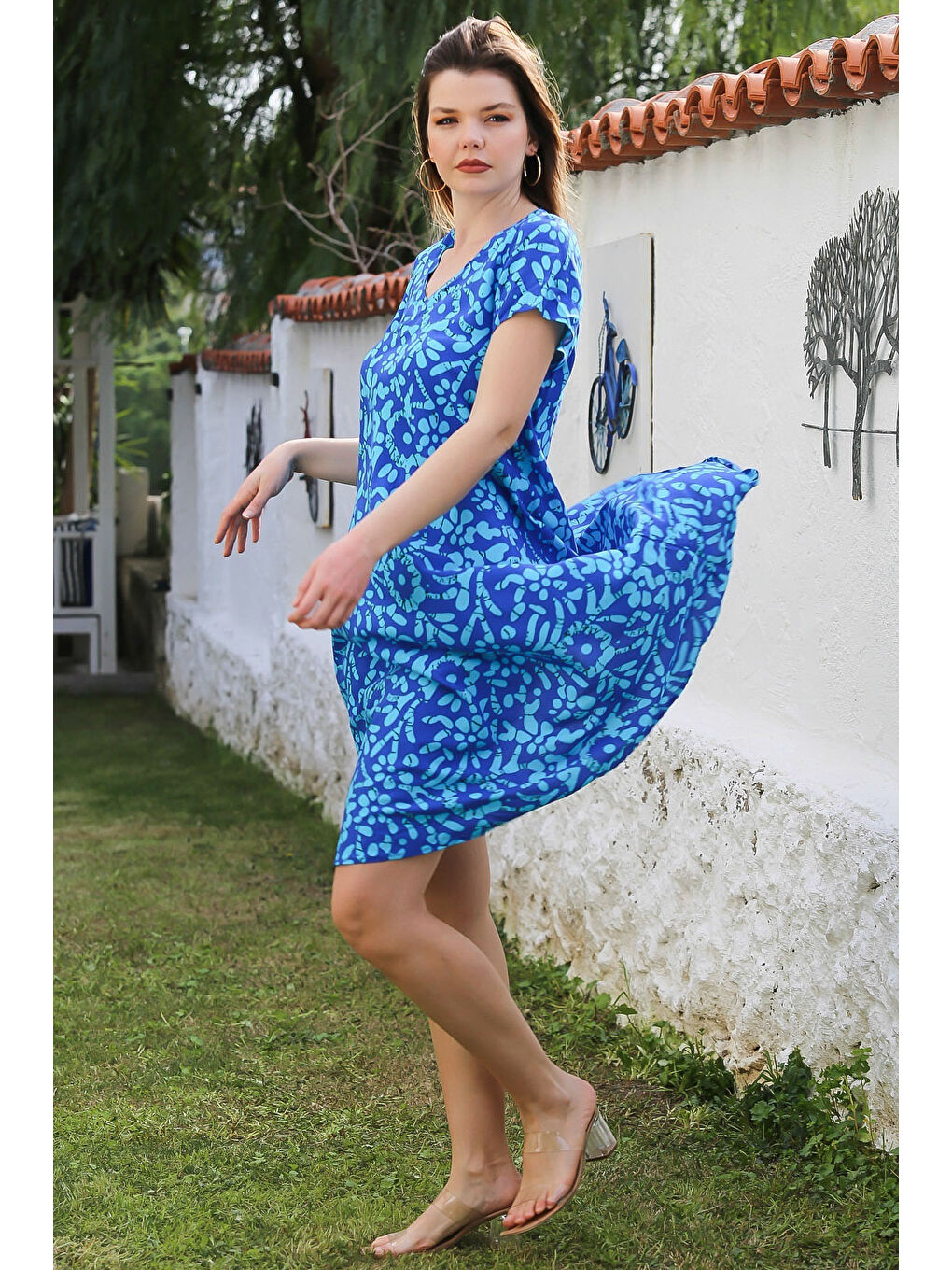 Turkuaz V Yaka Düşük Kol Allover Baskılı Casual Viskon Dokuma Elbise 115 66-3